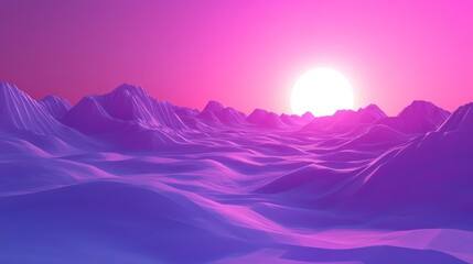 Vibrant, stylized, digital landscape with mountains and a bright sunset.