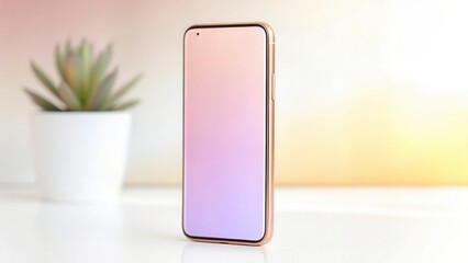Modern rose gold smartphone with gradient screen on white table