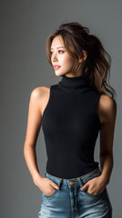 Naklejka premium 美女, 女性, 美しい, 顔, モデル, 日本, 韓国, 中国, アジア, カフェ, ファッション