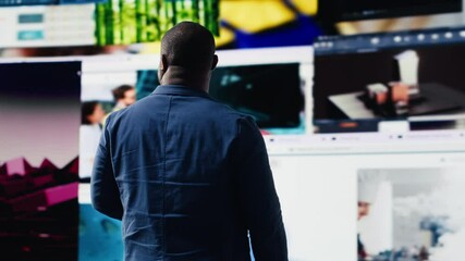 African american person connected in a world of platforms and digital content, future of social engagement, AI driven networks and interactive web experiences. User interface. Camera B.