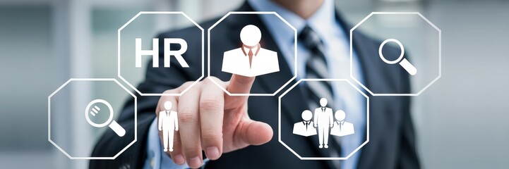 Businessperson selecting human resources options on a touch screen.