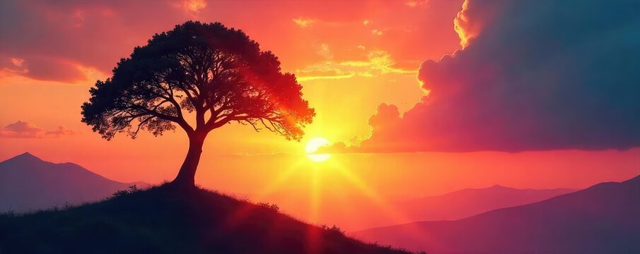 Silhouette of a tree reaching towards a vibrant sunrise, symbolizing spiritual growth and aspiration towards enlightenment and a higher self , growth, potential