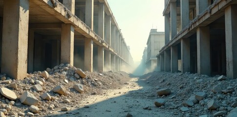 Crumbling concrete walls and shattered glass litter a devastated urban landscape, dust and debris swirling in the desolate aftermath A scene of utter destruction and decay , wreckage, decay, rubble