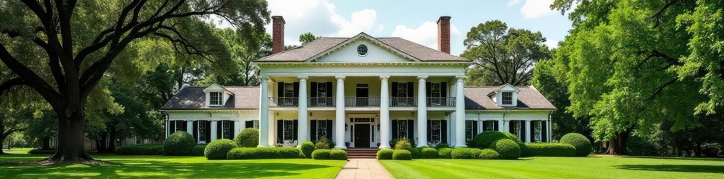 Majestic antebellum plantation home, columns framing a sprawling veranda, lush green landscape Perfect for historical, Southern charm, architectural, and real estate projects , grass, garden
