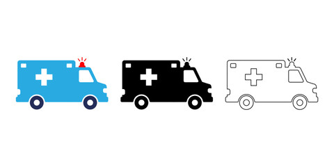 Vector art of three ambulance icons isolated on white background, in blue, black and white colors