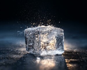Macro of melting ice cube with splash on dark surface