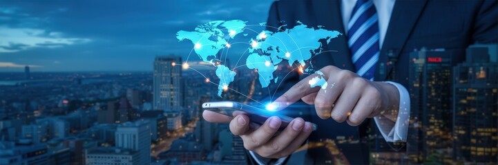 Global connections visualized on a smartphone screen.