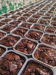 Rows of freshly baked chocolate brownies in foil containers, topped with chocolate chips. Perfect...