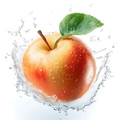 Maça fresca, suculento. Fundo branco com gotas de água, splash. Comidas, frutas maduras e frescas.

