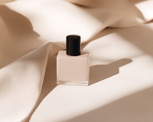 Light beige nail polish bottle on draped fabric