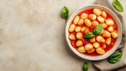 Creamy gnocchi in tomato sauce, topped with fresh basil, on a light beige surface