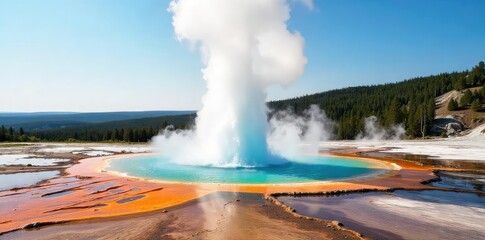 A majestic geyser erupts in Yellowstone National Park, sending a plume of steam and water high into the air against a backdrop of pristine wilderness , sky, Wyoming, landscape