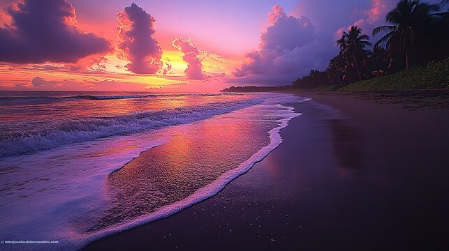 Vibrant sunset over a tranquil beach - Powered by Adobe