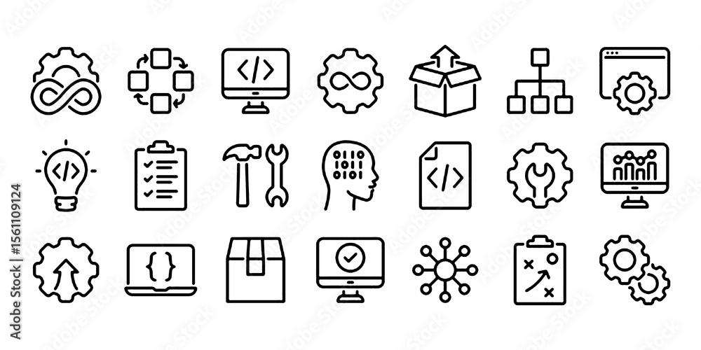 Wall mural devops methodology and software development concept editable stroke outline icons set isolated on wh
