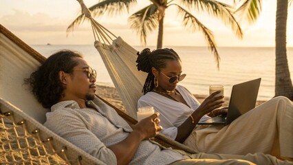 Remote Work on Beach Hammocks With Interracial Couple Using Laptops Facing the Ocean at Sunset
