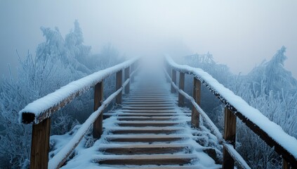 Snowy wooden stairs ascend through a misty mountain landscape