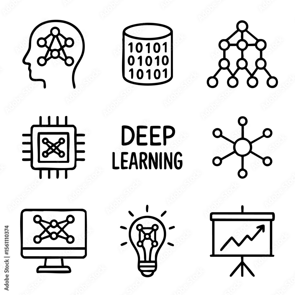 Poster a set of doodle line icons featuring deep learning, neural networks, artificial intelligence, data p