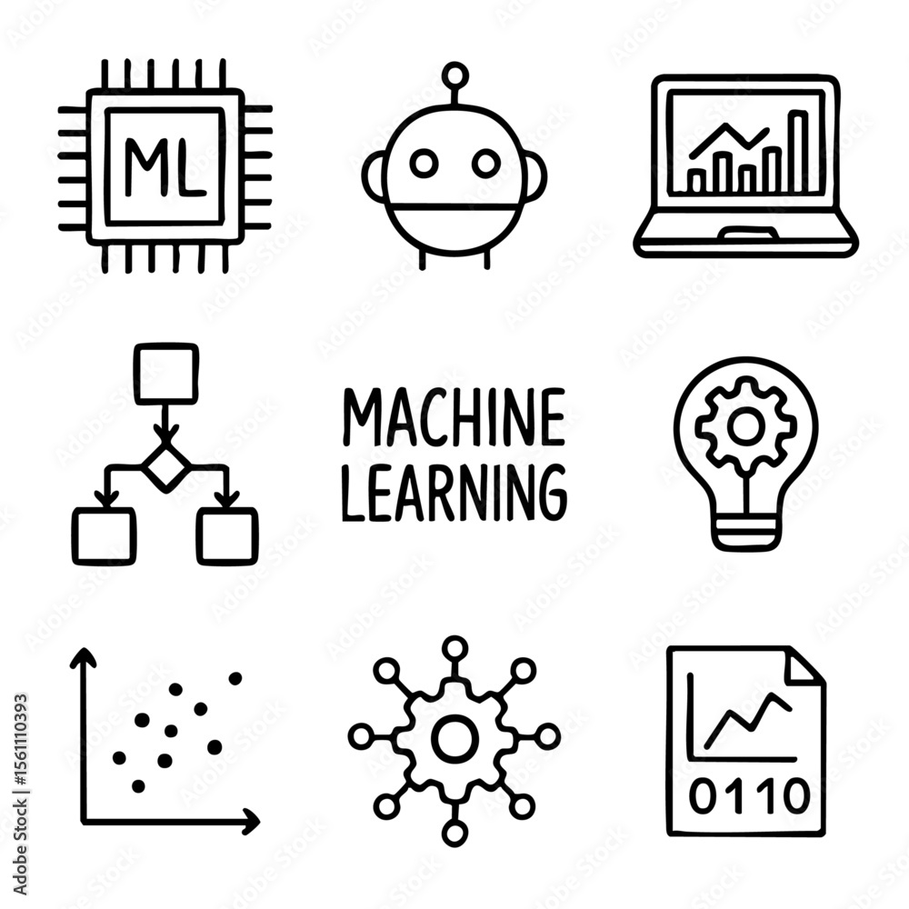 Poster a set of doodle line icons illustrating machine learning, artificial intelligence, neural networks, 