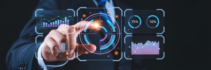 Person interacting with a holographic interface displaying data visualizations.