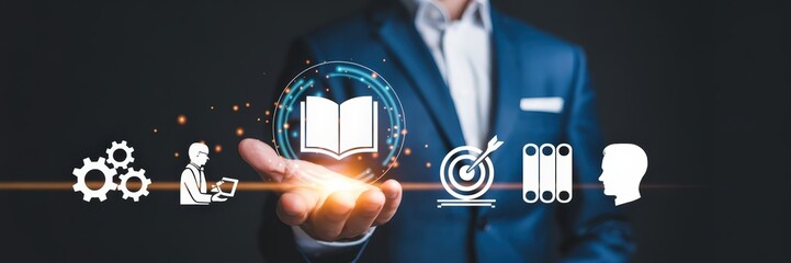 Businessperson presenting digital learning concepts.