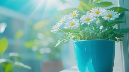 White daisies in a teal pot by a window