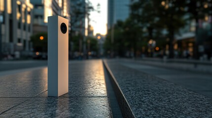 Modern, rectangular, light gray security camera on city sidewalk.