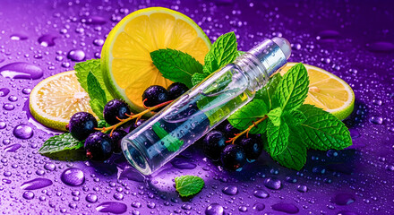 Aromatic essence showcases citrus fruit and herbal notes, featuring fresh lemon slices, mint, and blackcurrant on a wet purple background.