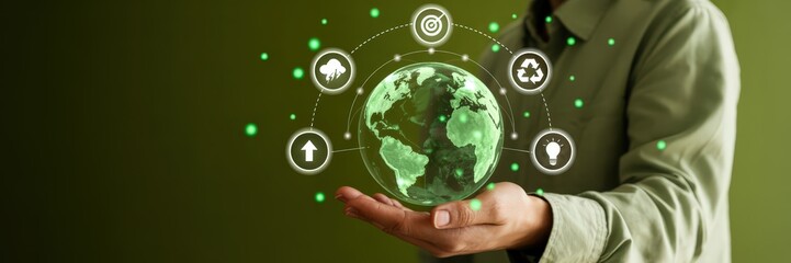 A hand holds a digital representation of the earth with sustainability icons.