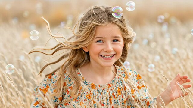 A joyful girl playing in a golden field, surrounded by bubbles and nature, radiating happiness and innocence.