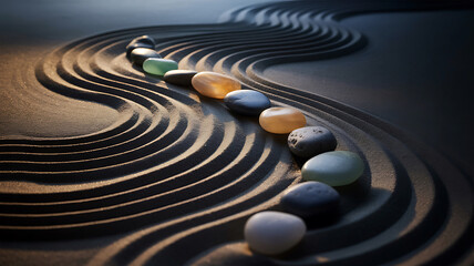 Serene Zen Garden Smooth Sand, Colorful Stones, Tranquil Path