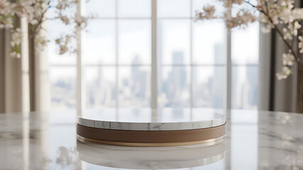 Elegant Marble and Wood Display Stand with City View Background