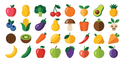 Colorful vector icon set of various berries fruits and vegetables

