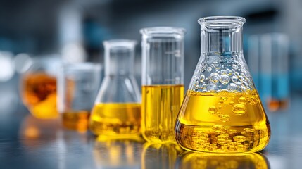 Bright Yellow Laboratory Flask with Bubbles and Clear Liquid