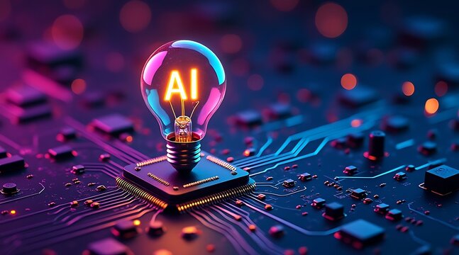 Ai light bulb on circuit board: artificial intelligence concept