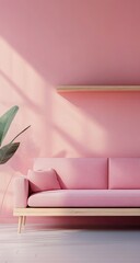 A minimalist pink living room with a light wooden shelf and a pink couch. Sunlight casts shadows on the wall and furniture. A plant is in the foreground