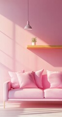 Pink living room, sunlit, minimalist