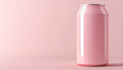 A single, light pink aluminum beverage can on a soft pink background.  The can's surface is smooth and reflective, showing a slightly foamy texture at the top