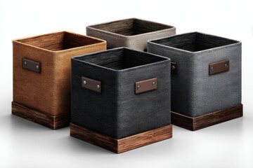 Four square storage boxes in different shades of fabric on a wooden base