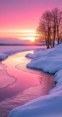 A winter sunrise over a snow-covered stream.  Pastel pink hues paint the sky and ice, reflecting the setting sun.  Bare winter trees stand sentinel at the water's edge.