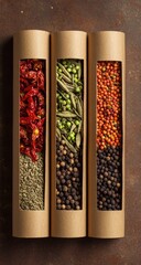 Three cylindrical containers of various spices.  Vertical view of artisanal spice storage.  Dried herbs and peppers in  natural paper tubes