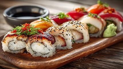 Gourmet sushi rolls display