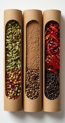 Three cylindrical containers, each filled with different spices.  Top to bottom  green cardamom pods, ground spice, dried chili peppers