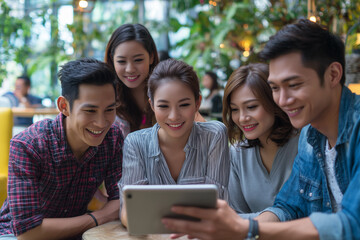 A group of friends smiling and looking at a tablet together, online shopping
