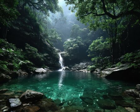 Lush waterfall cascading into a tranquil pool nestled deep within a verdant forest - Powered by Adobe