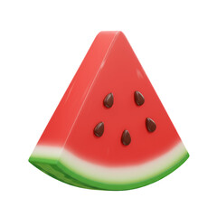 Vibrant red watermelon slice with dark seeds, green rind, and a 3D cartoonish style against a transparent background. The image is bright and cheerful, suggesting summer and refreshment.