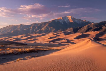 Fototapeta premium Panoramic photograph of the Great Sand Dunes in Colorado, with a mountain range in the background