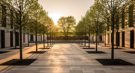 Fototapeta premium A symmetrical outdoor scene featuring rows of trees in a courtyard illuminated by warm sunset light with a bright sun in the center, creating long shadows.