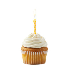 Vanilla Cupcake with Lit Candle on Transparent Background