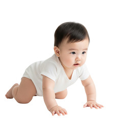 Adorable baby in a white bodysuit crawling on a white background. The baby has dark hair and is looking to the right. The image is clean and simple, with a focus on the baby's expression.
