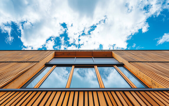 Building facade with wooden slats and large window reflecting blue sky view